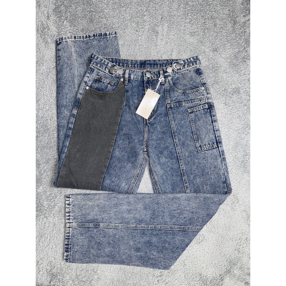 MNML Men's 32x32 Black & Blue Jeans V521 Double Panel Denim Baggy Straight